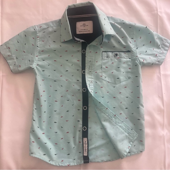 Craft + Flow‎ Boys Sz 4/5 Spearmint Blue Dinosaur Print Button Down collar Shirt - Picture 1 of 7